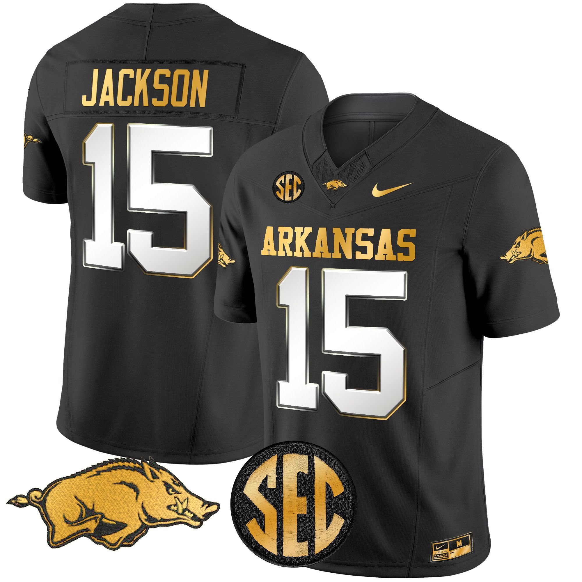 Men Arkansas Razorbacks #15 Jackson Black Nike 2024 Gold Vapor Limited NCAA Jersey style 2->customized ncaa jersey->Custom Jersey